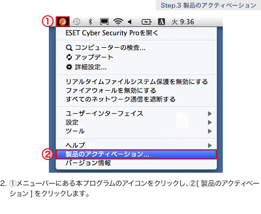 2. ①メニューバーにある本プログラムのアイコンをクリックし、②[製品のアクティベーション]をクリックします。